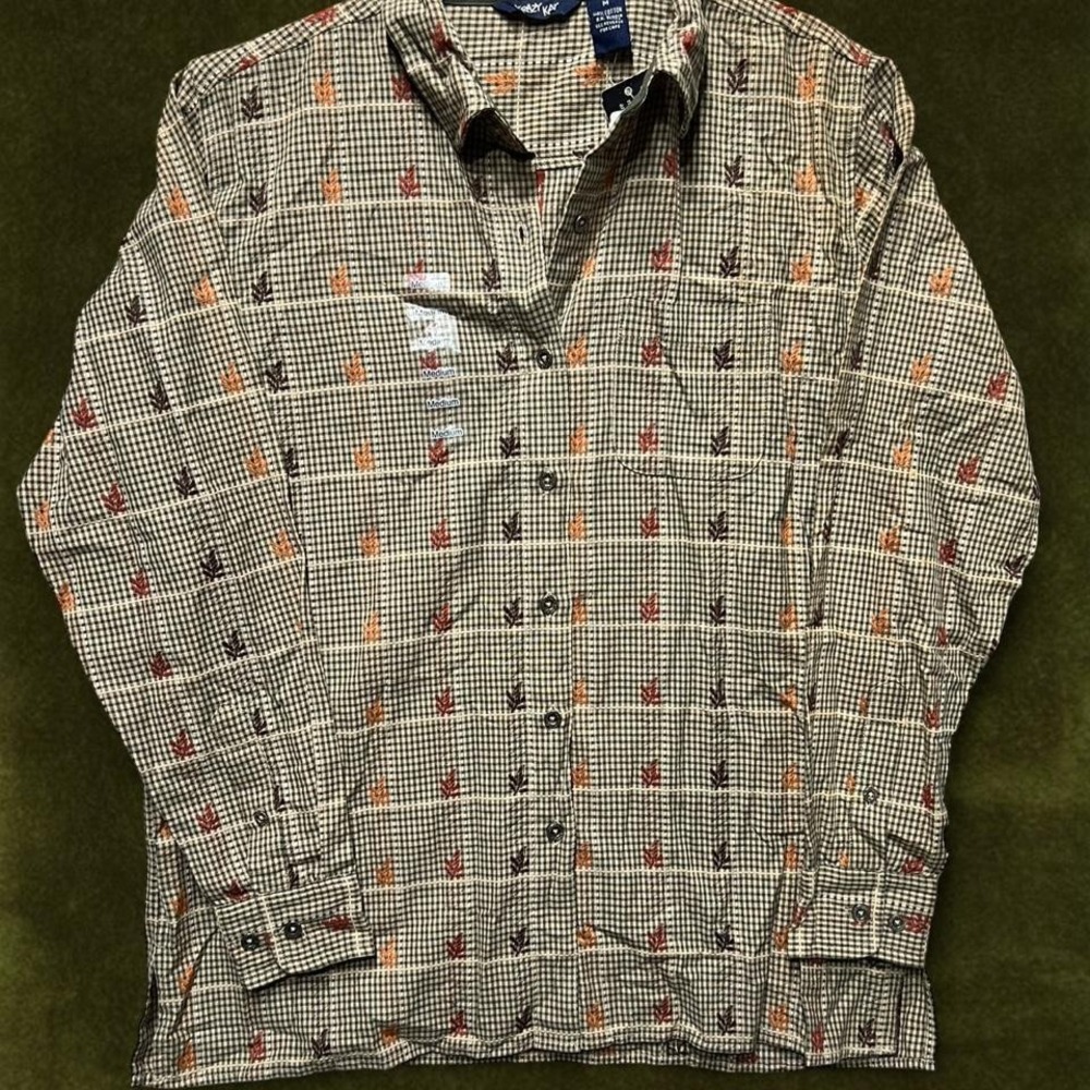 NWT Krazy Kat Olive Leaf Plaid Button Down Blouse | Modern M/L